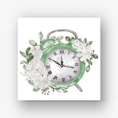 clock alarm flower gardenia white watercolor illustration