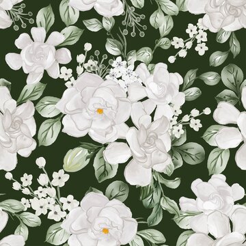 watercolor flower gardenia white and leaves seamless pattern