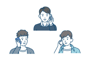 連絡を取る　電話する　若い男性達　友達　若者　笑顔　携帯電話　通話　イラスト素材