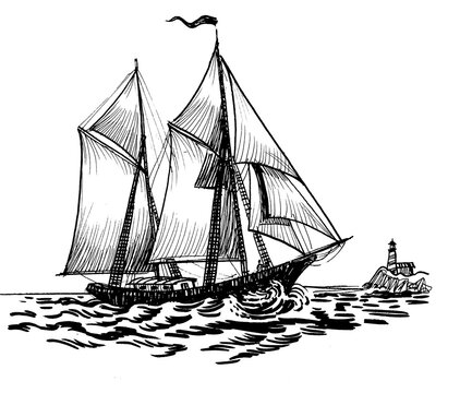 Sailing ship in the sea and lighthouse in the distance. Ink black and white drawing
