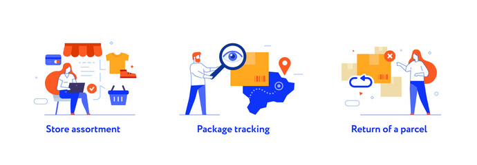 Fototapeta premium people and parcels set of icons, illustration. Smartphones tablets user interface online shopping. Flat illustration Icons infographics. Landing page site print poster.