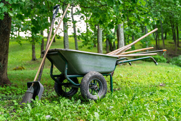 Wheelbarrow with shovel, broom and other garden tools is prepared for cleaning and planting in the park, standing on green grass of lawn among trees.