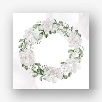 Flower Wreath With Gardenia White Flower Watercolor Illustration