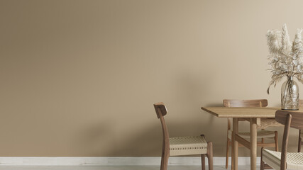 Close up dinning room background wall topo with wood table 