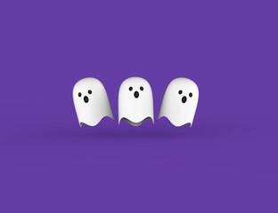 Halloween ghosts. White flying cute souls isolated purple background. Holiday celebration 31 October. 3D render model.