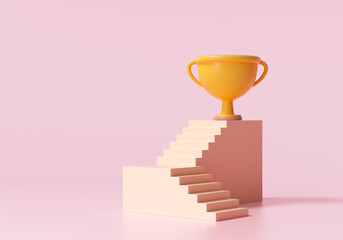 Fototapeta 3D Winner cup on top stair, Business success concept. 3d render illustration obraz