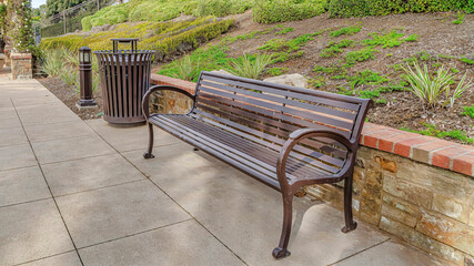 Pano Bench on park pathway in the scenic neighborhood of Huntington Beach California