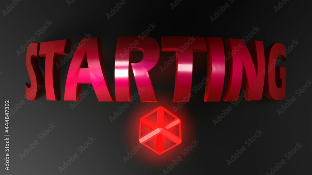 Poster starting red metallic write on black shiny background, with a rotating wireframe red lighted cube - 