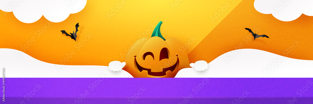 Poster Halloween background design with product display. 3d Paper art abstract minimal geometric shape template background.Vector illustration.
