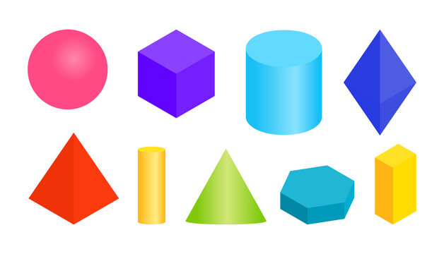 Colored gradient volumetric geometric shapes. Different simple basic 3d figure. Isometric views sphere, cube, cylinder, hexagonal prism and other regular forms. Isolated on white vector illustration