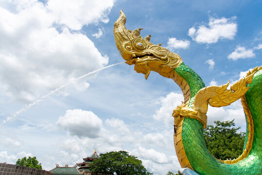 Twin Green Naga statue at the mekong river, Wat Lamduan temple, Nong Khai province Thailand. Most famous landmark.