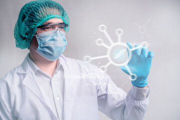 Doctor holding transparent tablet with futuristic hud screen tablet.Innovative in science and medicine concept.