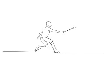 Continuous single line drawing of young agile badminton player receive the incoming ball. Sport training concept. Trendy one line draw design vector illustration for badminton tournament publication