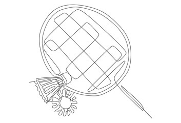 Continuous Single line drawing of shuttlecocks and racket sport equipment, competitive concept. Dynamic one line draw design vector illustration for running competition poster