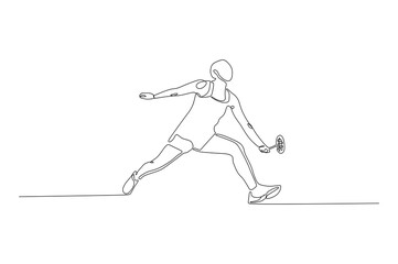 Continuous single line drawing of young agile badminton player take a hit from opponent. Sport training concept. Trendy one line draw design vector illustration for badminton tournament publication