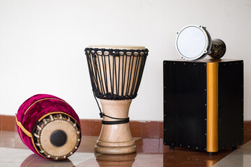 The percussion instruments mridangam djembe Cajon and goblet drum or darbuka drum