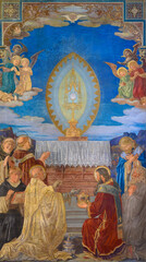 Fresco depicting Catholic clergy of all ranks, including a pope, kneeling in adoration before Jesus Christ in the Eucharist. Votivkirche – Votive Church, Vienna, Austria. 2020-07-29