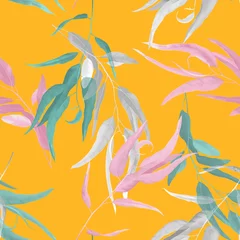 Selbstklebende Fototapeten Foliage seamless pattern, colorful eucalyptus leaves on yellow © momosama