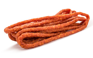 Pork or beef sausage. Kabanos sausages. Meat stick of Cabanos or Cabanossi Thin Dry Smoked Polish or Russian Sausage. Good for beer snack. High resolution food photo. Isolated on white background.