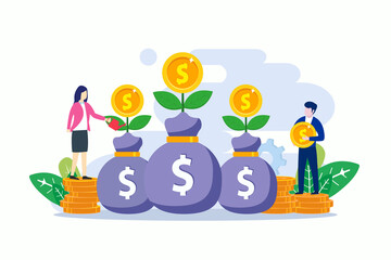 Investment concept, people watering money tree with coins, increase financial investment profit vector illustration. Flat vector template Style Suitable for Web Landing Page, Background.