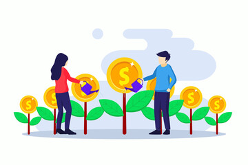 Investment concept, people watering money tree with coins, increase financial investment profit vector illustration. Flat vector template Style Suitable for Web Landing Page, Background.