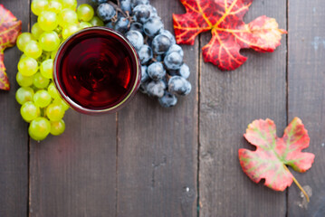 glass of red wine and grapes on black wooden table background