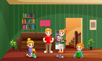 The family spends time at home illustration