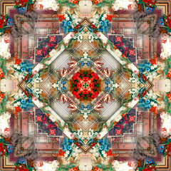 traditional square scarf with different geometric and paisley pattern