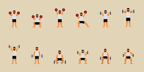 Beard man exercising with weight equipment. Workout flat illustration vector. man lifting dumbbells