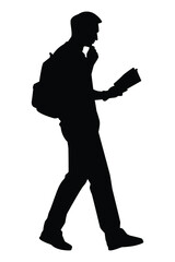 Young student with book and backpack silhouette vector on white background