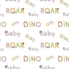 childish dinosaur seamless pattern for fashion clothes, fabric, t shirts. hand drawn vector with lettering.