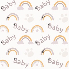 Bohemian baby shower texture. Boho seanless pattern with rainbow, footprint and cloud.