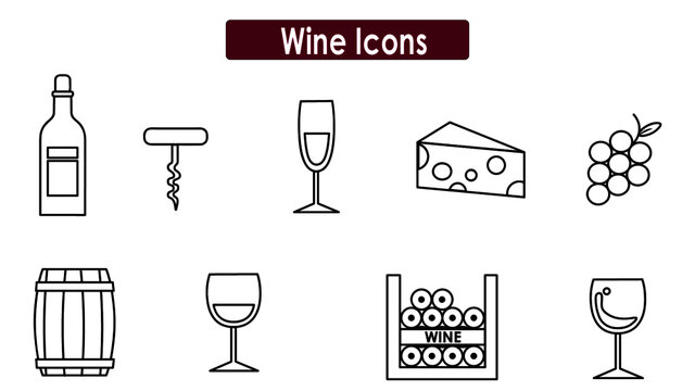 icons wine black and white/ iconos de vino en blanco y negro. copas, queso, destapa corchos y uvas.