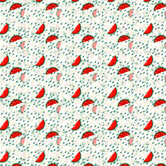 Slices of watermelon on the grass. Backgrounds are not seamless for scrapbooking, needlework and printing on all types of clothing and fabrics. For menus in restaurants,cafes. Country, rustic, doodles