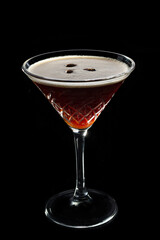  Alcohol cocktail Espresso Martini cocktails garnished with coffee beans on black background. Copy Space.