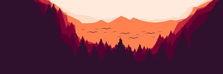 mountain forest vector illustration for web banner, blog banner, wallpaper, background template, adventure design, tourism poster design, backdrop design