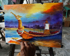 Art painting Oil color royal barge Thailand , Suphannahong Boat , King's Vehicle