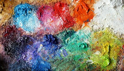 Oil, yellow, green, white, orange mixed together on a palette with drawing