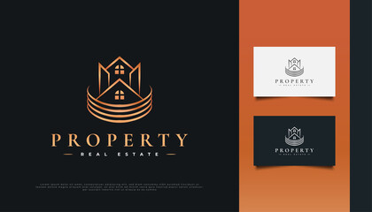 Luxury Gold Real Estate Logo Design with Line Style. Construction, Architecture or Building Logo Design