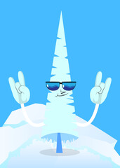 Cartoon winter pine trees with faces with hands in rocker pose. Cute forest trees.White pine character, funny holiday vector illustration.