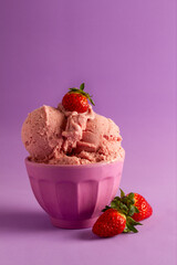 strawberries ice cream, purple cup and purple background