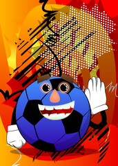 Soccer ball holds hand at his ear, listening. Traditional football ball as a cartoon character with face.
