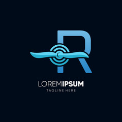 Letter Initial R Airplane Propeller Logo Design Vector Icon Graphic Emblem Illustration 