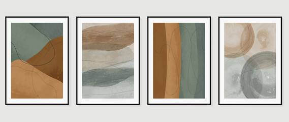 Abstract art background vector.  Brush line arts. Modern organic shape wallpaper.  Minimalist hand painted illustrations with watercolor stain texture for home deco, wall art print and cover. © TWINS DESIGN STUDIO