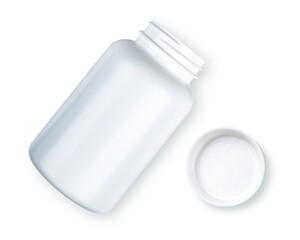 White plastic bottle, container or packer for Pills, tablets, drugs, vitamins. Medicine Concept for pharmacy, hospital, doctor's office, disease, illness, sick people. For Doctor prescription.