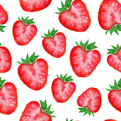 Watercolor hand drawn sketch red strawberry berry slice seamless pattern texture on white background