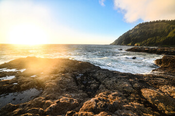 Beautiful rocky ocean bay at sunset time in Oregon, USA