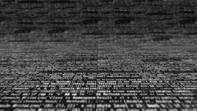 Lots of white text on black background. Animation. Endless white text of program code inside computer. System code appears endlessly and moves along curved black background