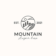 Vintage Sunrise Mountain Pine Tree Evergreen Tree for Outdoor Adventure Logo Design Template Isolated in White Background