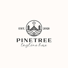 Cottage Pine Tree Logo Template Isolated in White Background. Vector Illustration